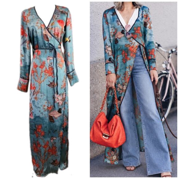 Zara Tops - ZARA Teal Asian Inspired Kimono Long Wrap Duster Size Small 2740/745